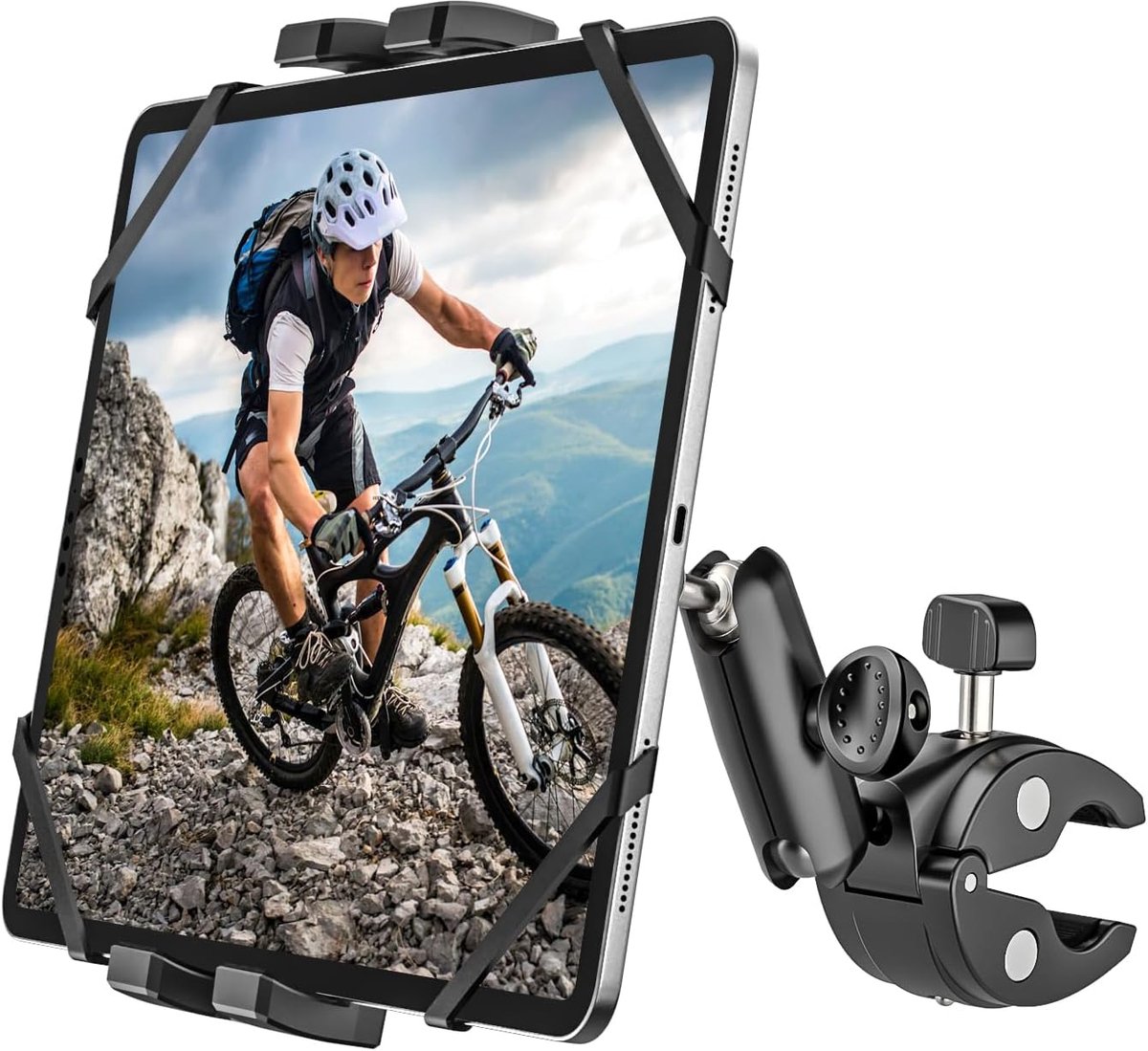 Fiets Tablet Houder [Sterke Stabiliteit en Duurzaamheid] Kinderwagen Rolstoel Spinning Bike Tablethouder Stuurklem voor iPad Mini Air Pro, Galaxy Tab, Kindle, Telefoon, 4-13"