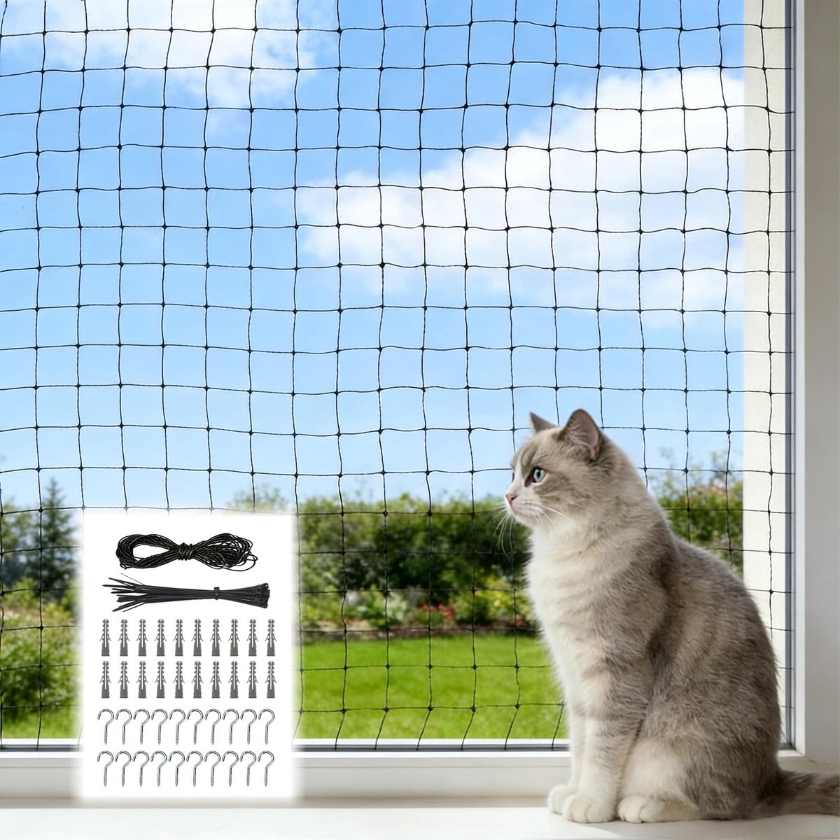 Omgoods- Kattennet 3 x 6 m - Robuust Nylon - Beveiliging voor Balkon - Terras - Ramen - Duurzame Montageset - Kattenbeschermnet