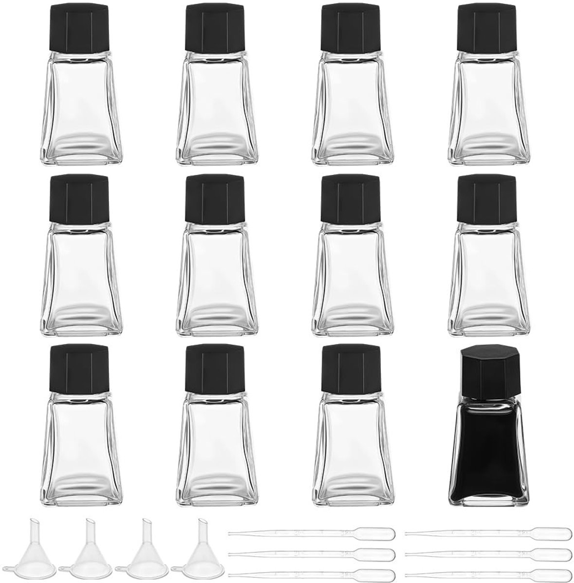 Omgoods - 12 Stuks Heavy Duty Glazen Inktflessen - Lege Flessen met Doppers en Trechters