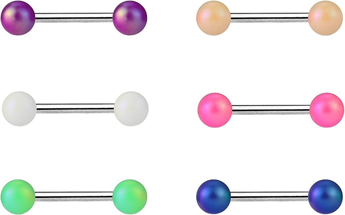 MATT tepelpiercing intieme piercing roestvrij staal 1,6 mm 16 mm bal 6 mm kleuren paars blauw groen roze oranje wit, Roestvrij staal