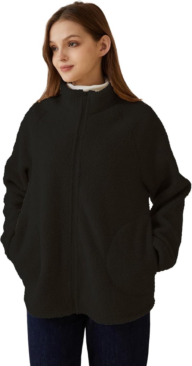 hoodie met sherpa fleece voering en rits, effen hoodie, winterjas voor dames, casual warme winterjas met zakken