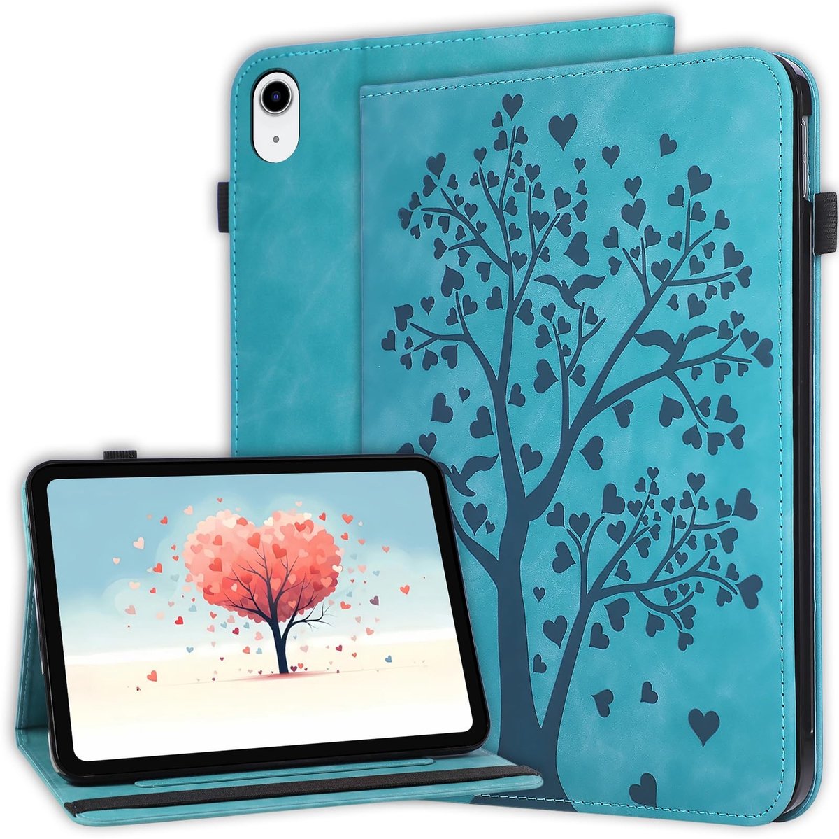 SnelShoppen - iPad Case (A16) 11 Inch / 10.9 Inch 10th/11th Generatie 2022/2025 - Hart Boom Patroon Flip PU Lederen Beschermhoes met Kaartsleuven en E