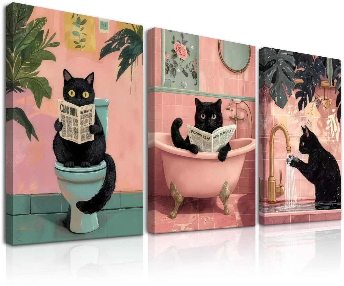 Omgoods - Ingelijste Retro Wandkunst - Roze Badkamer Decor met Zwarte Kat