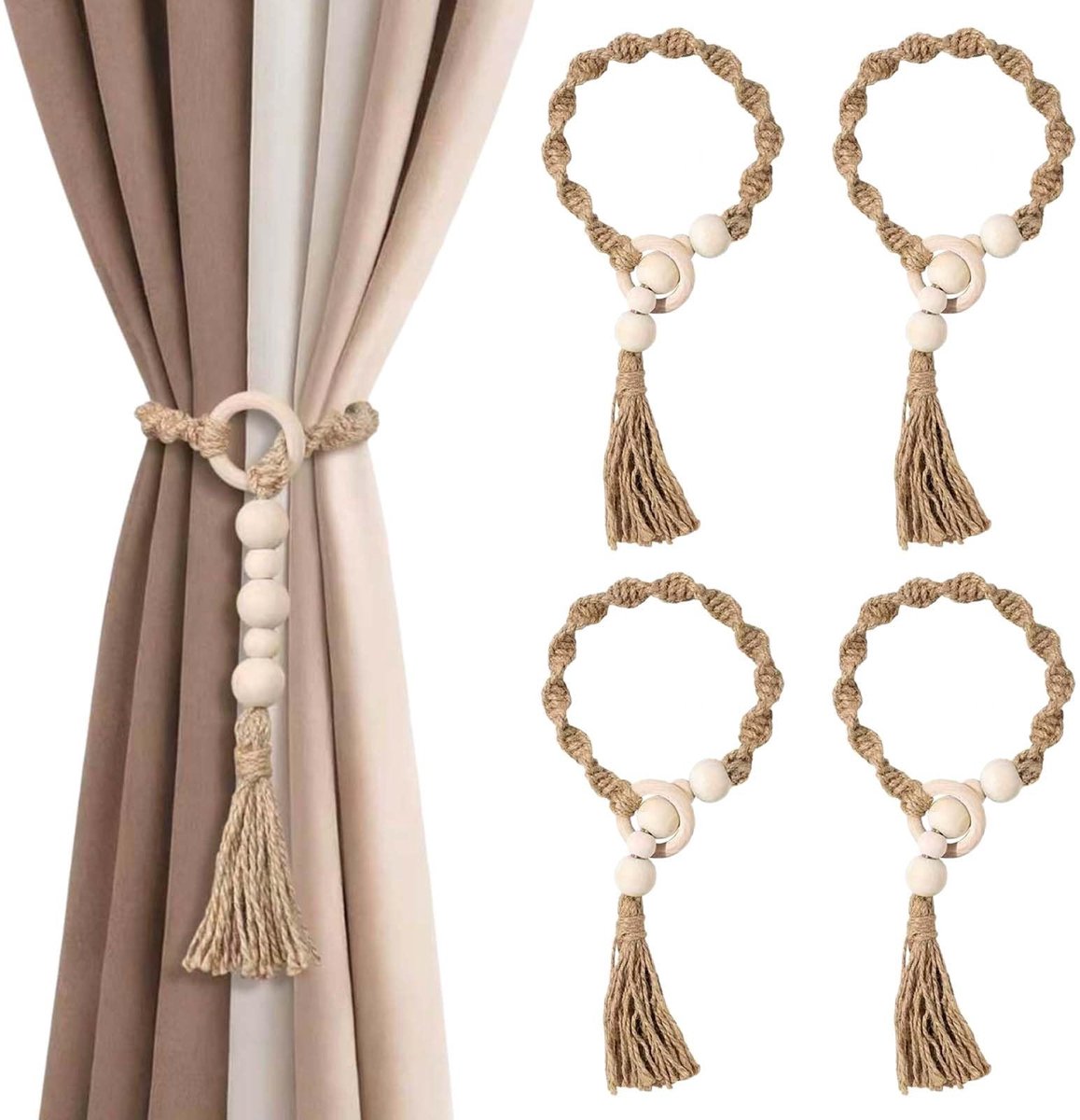 Omgoods - 4 Stuks Handgeweven Boho Jute Gordijnhouders met Houten Kralen