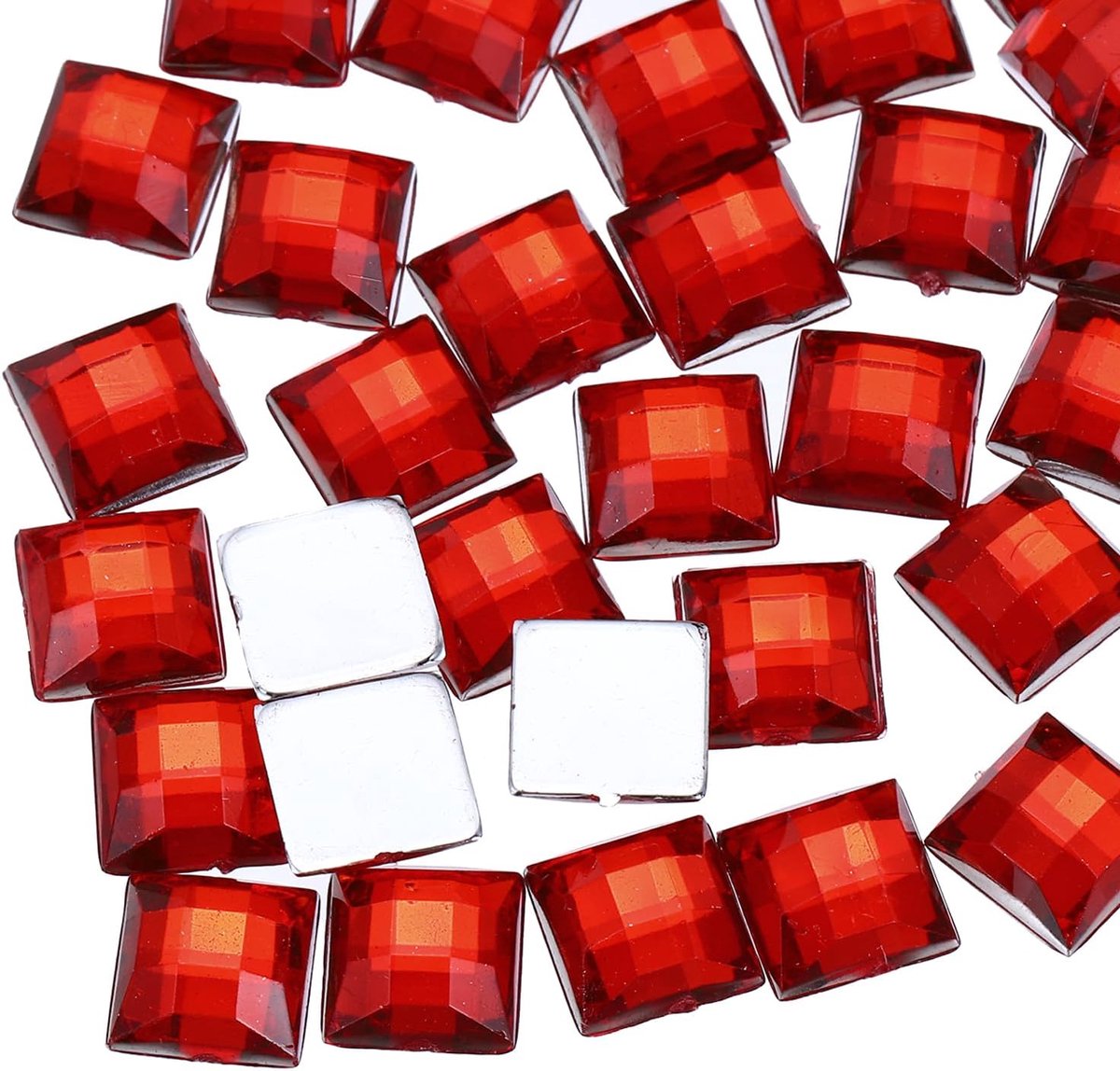 50 stuks acryl platte rugstenen, 8 mm, vierkant, kunstedelstenen, glitterstenen voor knutselen, gezichtsbeschildering, kostuumsieraden, rood