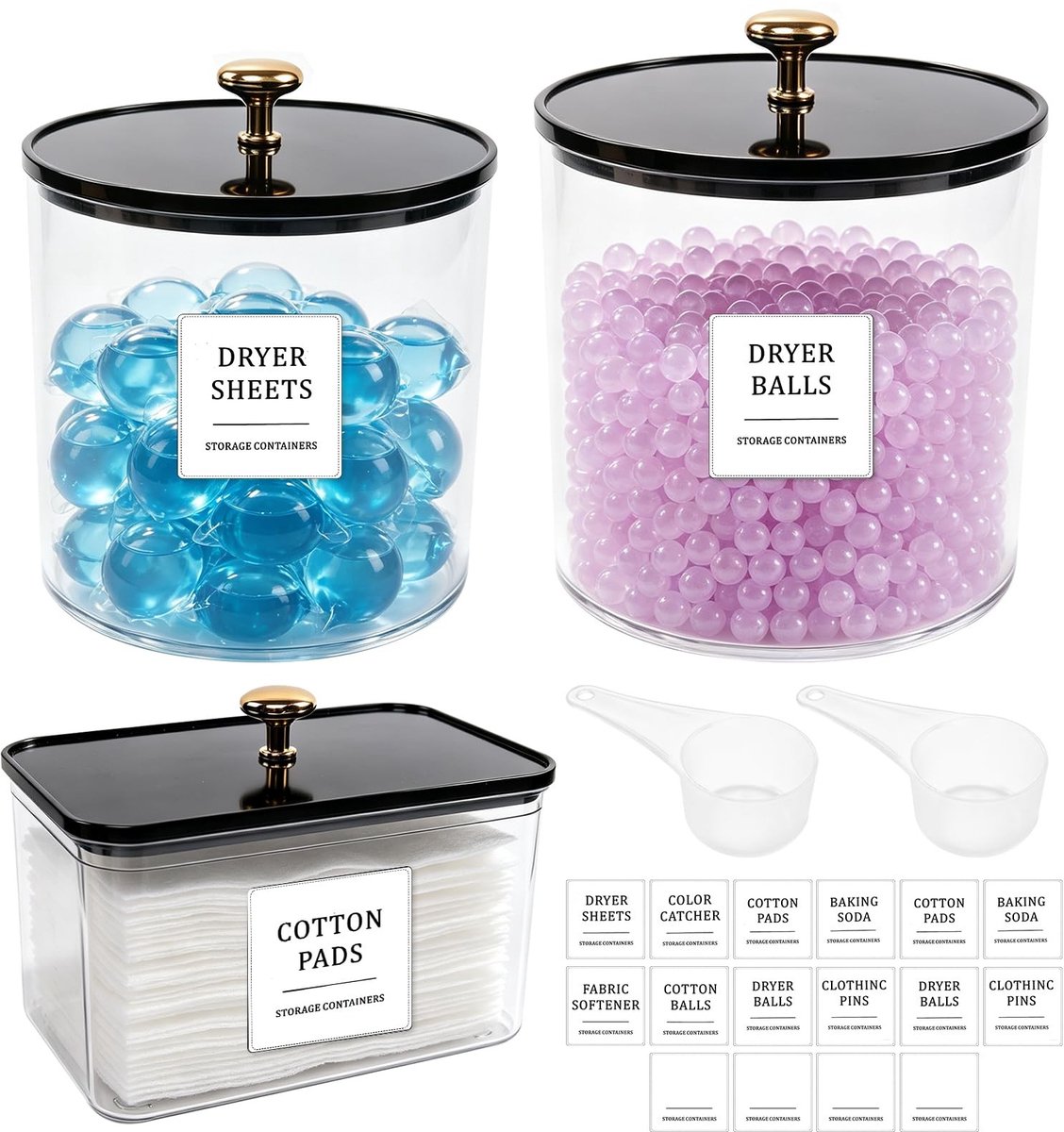 Omgoods - Set van 3 Wasmiddelopbergdozen met Maatlepels en Etiketten