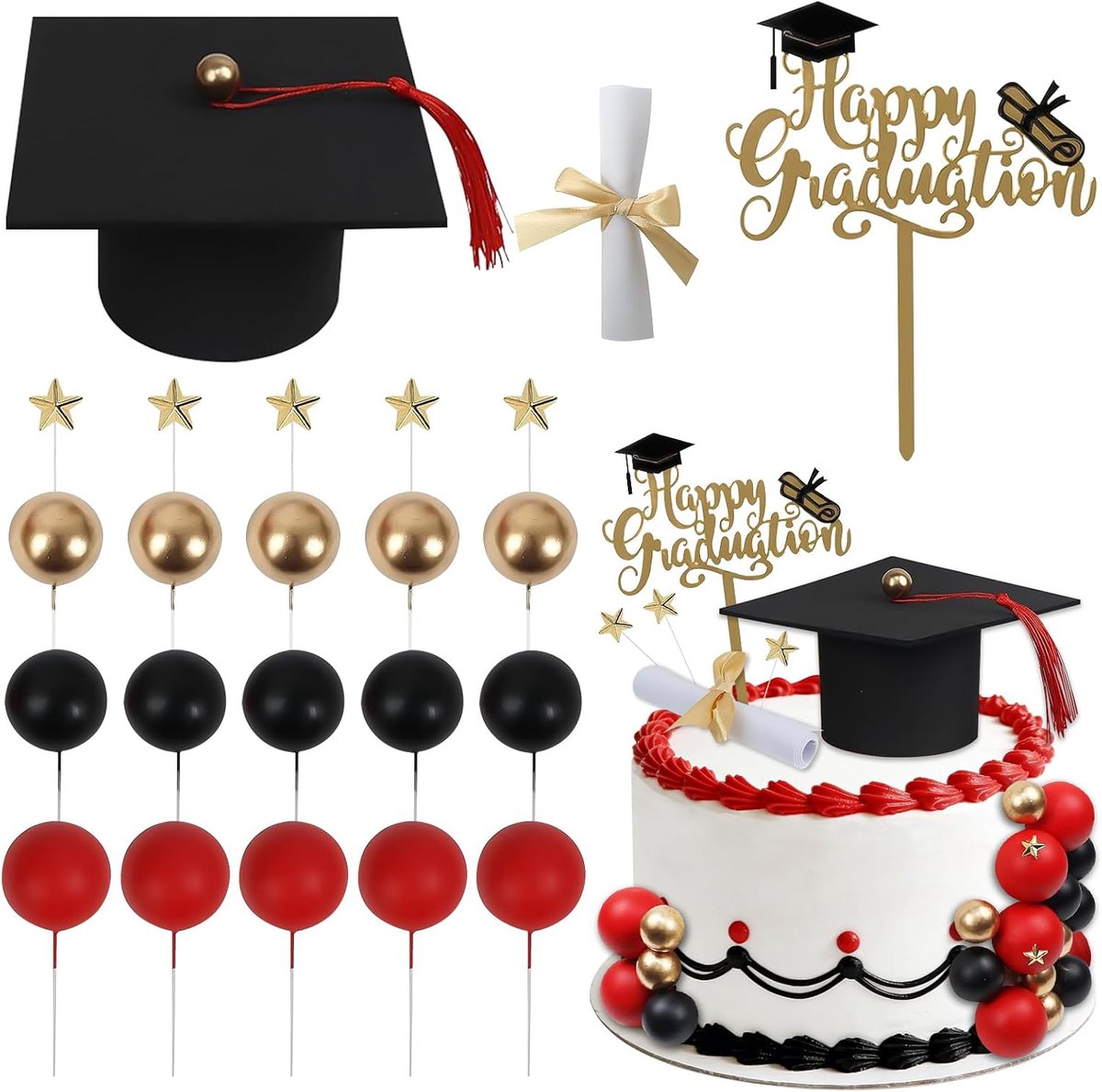 23 stuks afstudeertaartdecoratie, afstuderen, taarttopper, bachelorhoed, cupcake-decoratie, afstudeertaartdecoratie voor geslaagde tests van alle niveaus (A)