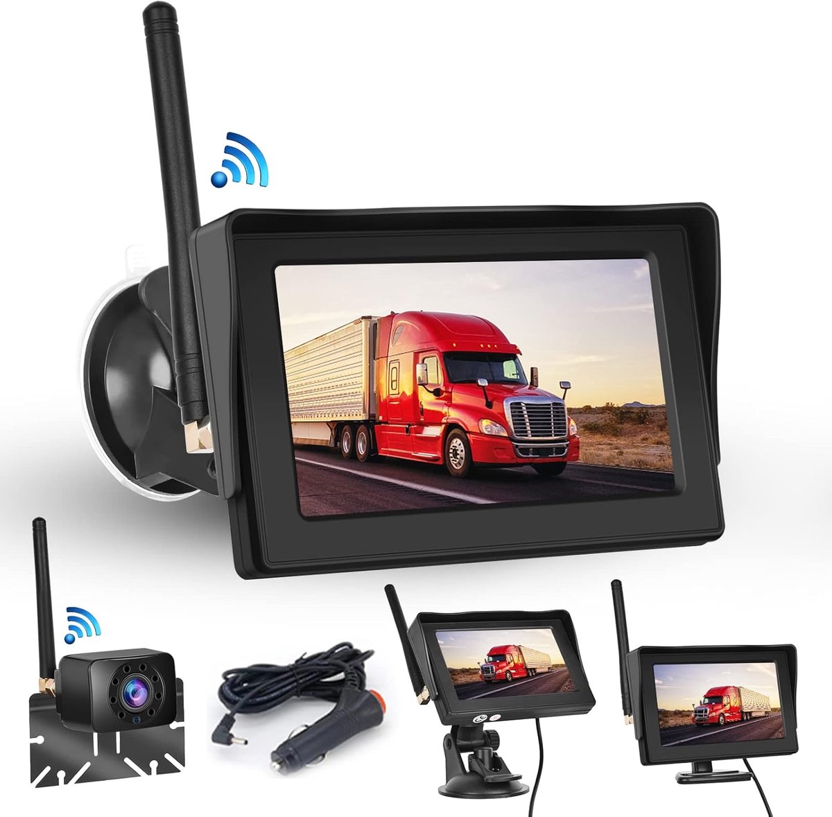 Digitale achteruitrijcamera, 4,3 inch, draadloos, met IPS-scherm en AHD-camera, nachtzicht, waterdicht IP68, back-upcamera, draadloos, 12 V voor auto