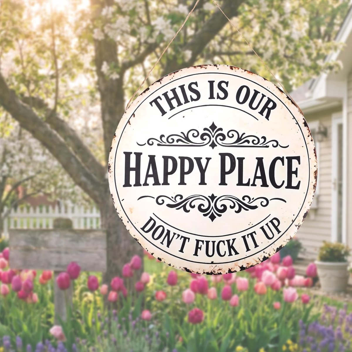 Place Vintage Metalen Bord, 30cm Rond This Is Our Happy Place Verweerd Rustiek Hangend Plaquette voor Thuis Tuin Boerderij Bar Koffie Muur Grappige Decoratie