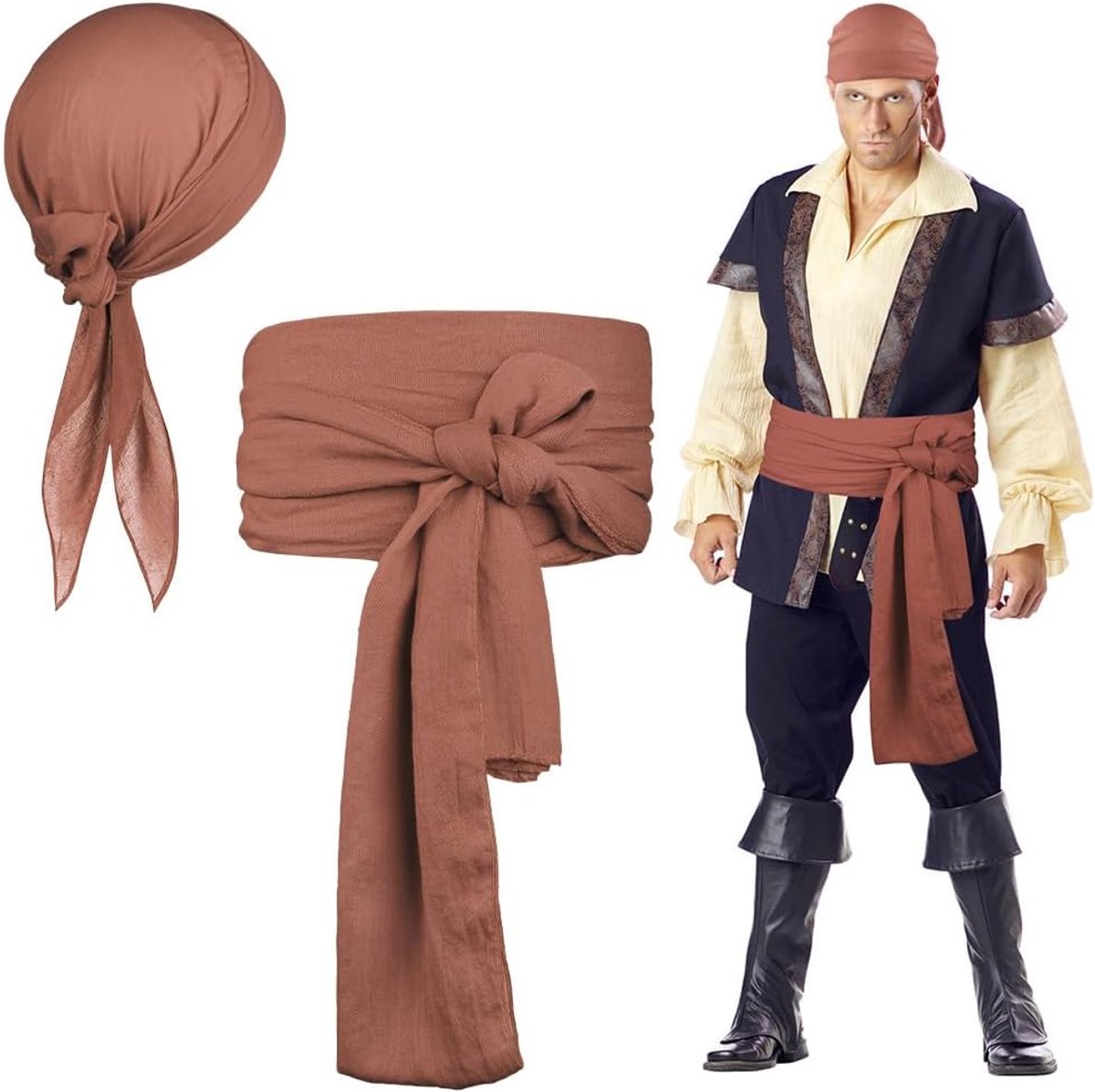 Accessoires-set voor piratenkostuum met kapitein accessoires, bandana, sjerp, ooglapje, ketting met ankerhanger voor piratenkostuum met middeleeuwse en renaissance stijlelementen, halloweenfeest