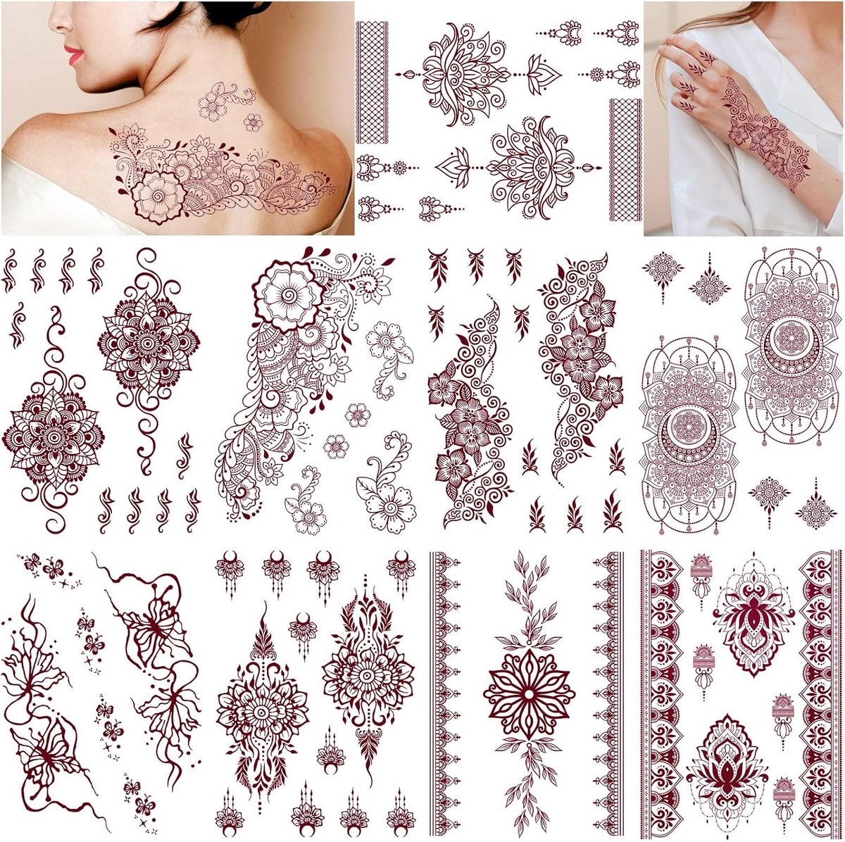 Tijdelijke tatoeages, mandala, bloemen, namaaktoeagestickers voor vrouwen, meisjes, handen, lichaam, gezicht, Indiase kant, tatoeages, Eid, bruiloft, feest, gunst, waterdicht