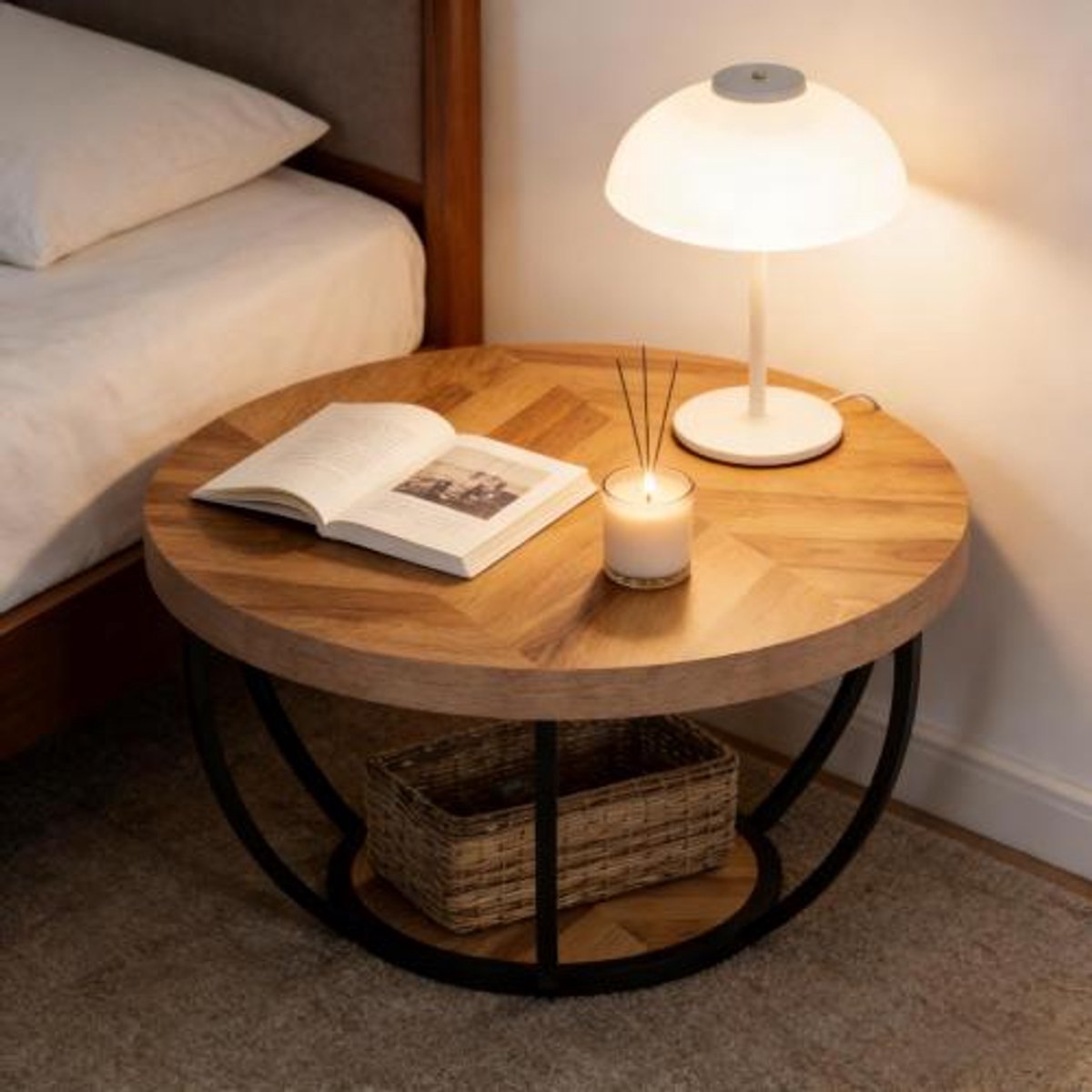 COVREO Salontafel 80x80x45 cm hout, metaal, rond design met 2 lagen