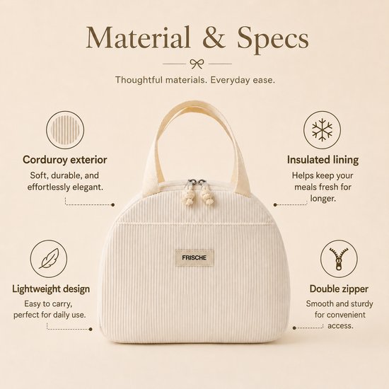 Rainbecom - Koeltas - Koeltassen 6.5 L - Lunchtas Dames en Kinderen - Geïsoleerde Lunch Bag met Voorvak - Corduroy - Crème van Rainbecom — afbeelding 4