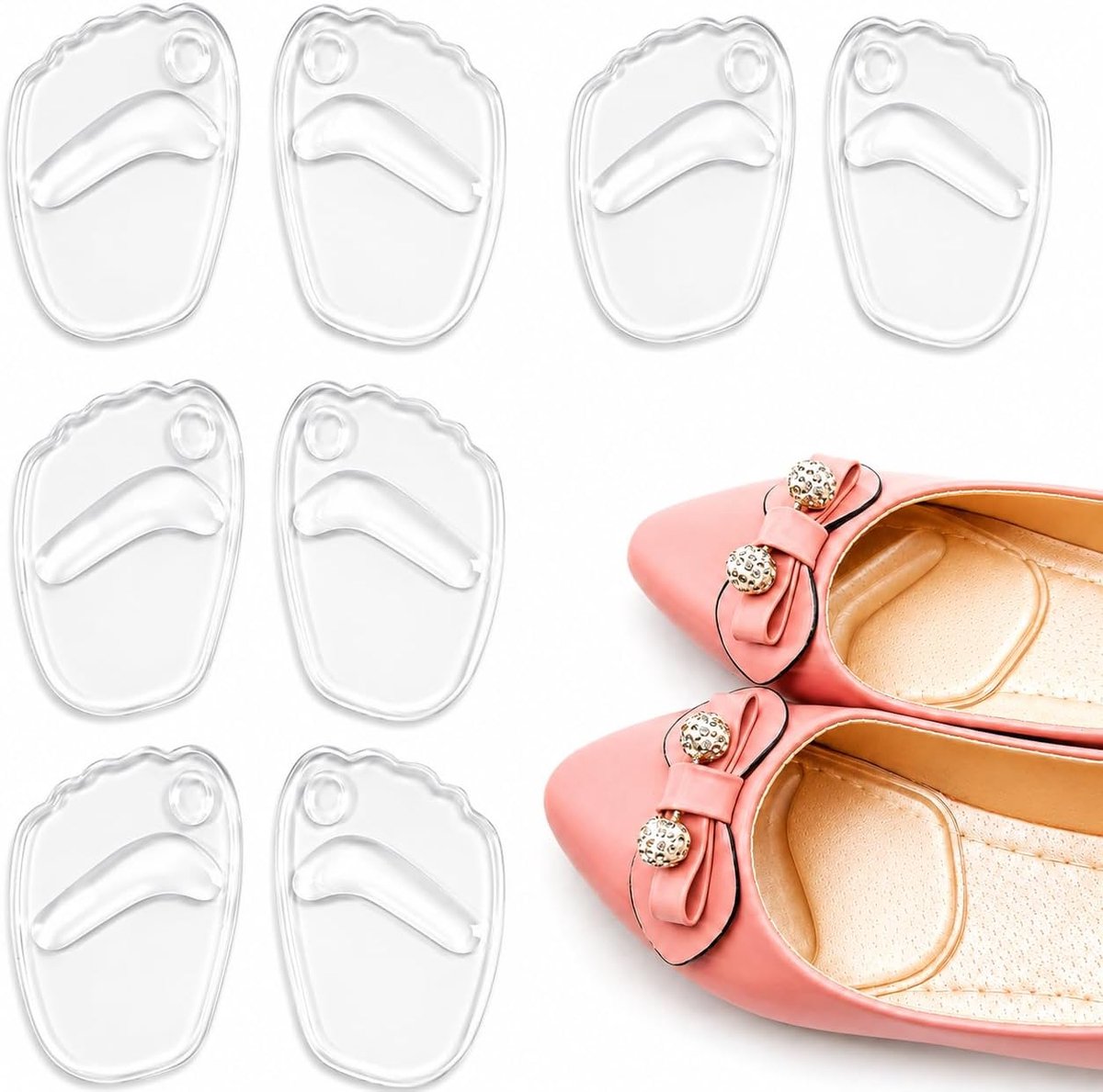 4 paar gelpads voorvoet inlegzolen, gelschoenen, gelpads voor schoenen, voetkussens, hielinzetstukken, inlegzolen voor hoge hakken, transparant, antislip, zelfklevend