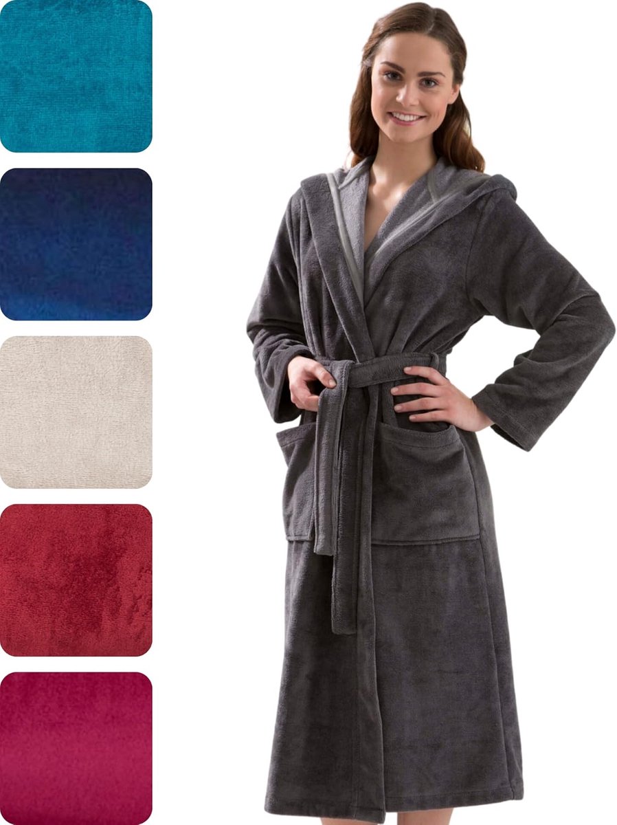 dames badstof ochtendjas met capuchon bamboe katoen microfiber velour paars grijs S
