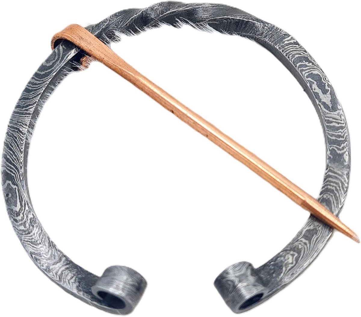 Middeleeuwse Damascus stalen ring, messing naald, handgemaakte Vikingfibel LARP, kledingnaald, gewaakte naald, sluiting, Standaard, damast staal, messing