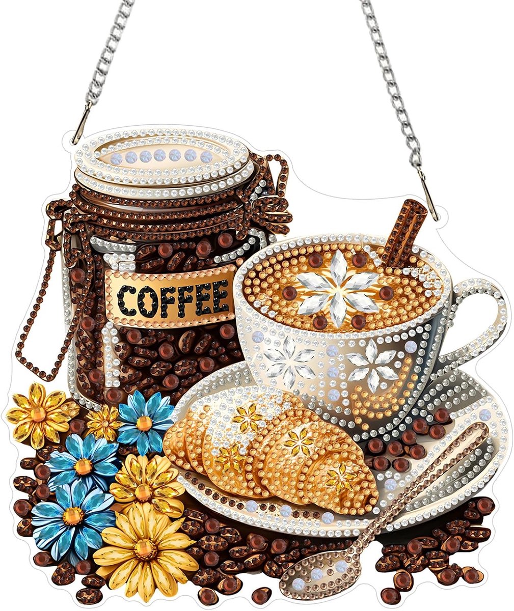 Koffie Diamantschilderij Hanger, 5D Lekker Ontbijt Ornament Kit, DIY Kristal Strass Acryl Sierhanger voor Raam, Muur, Deur en Tuin Decoratie