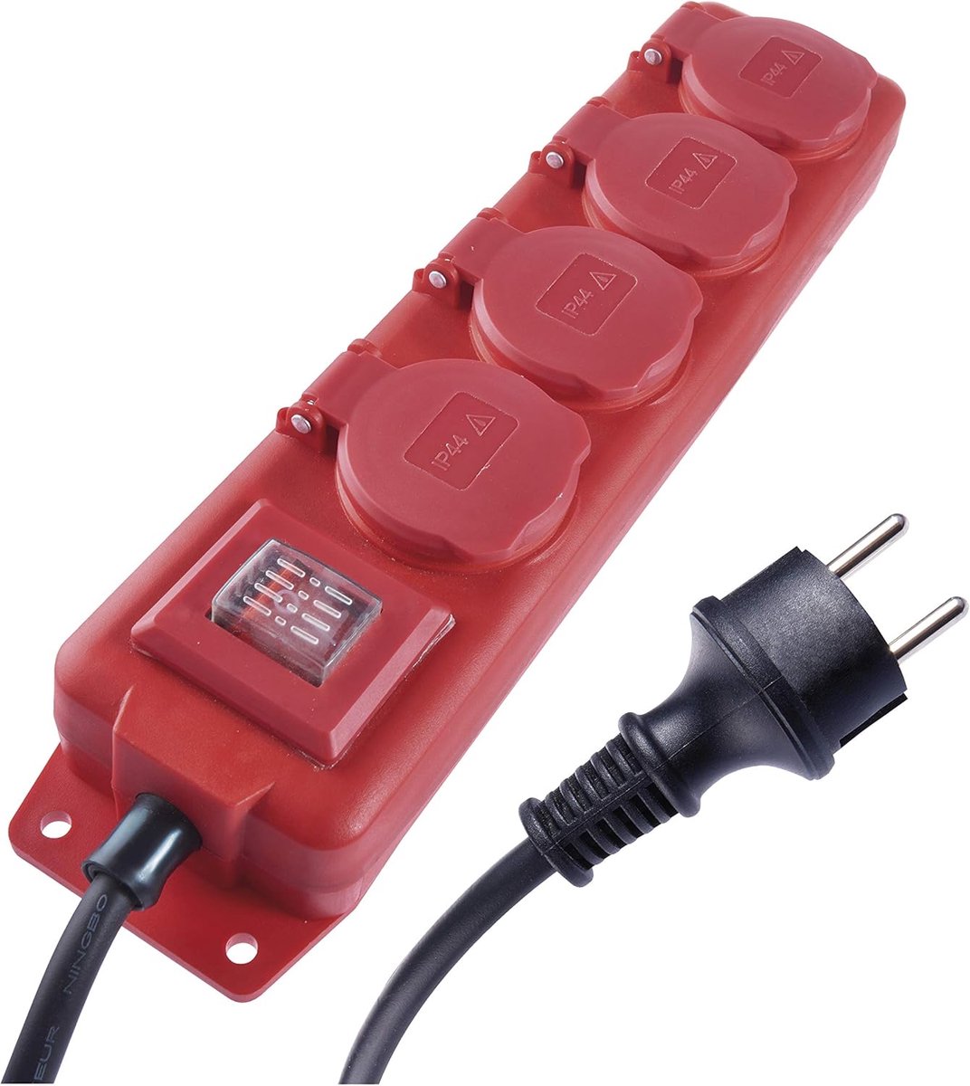 - 4-voudige stekkerdoos 5 m met schakelaar - 4 geaarde stopcontacten 45° gedraaid - waterdicht - 250 V, 16 A, 3680 W - rubber - H07RN-F3G 1,5 mm2 - verhoogde aanraakbeveiliging - IP44 voor buiten