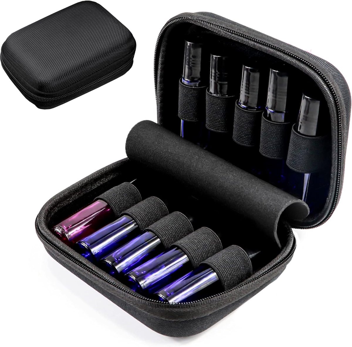 Draagtas voor etherische olie bevat 10 flessen (5/10/15ml), harde schaal roller flessen opbergtas, reizen draagbare etherische oliën flessen organisator, Zwart, Modieus