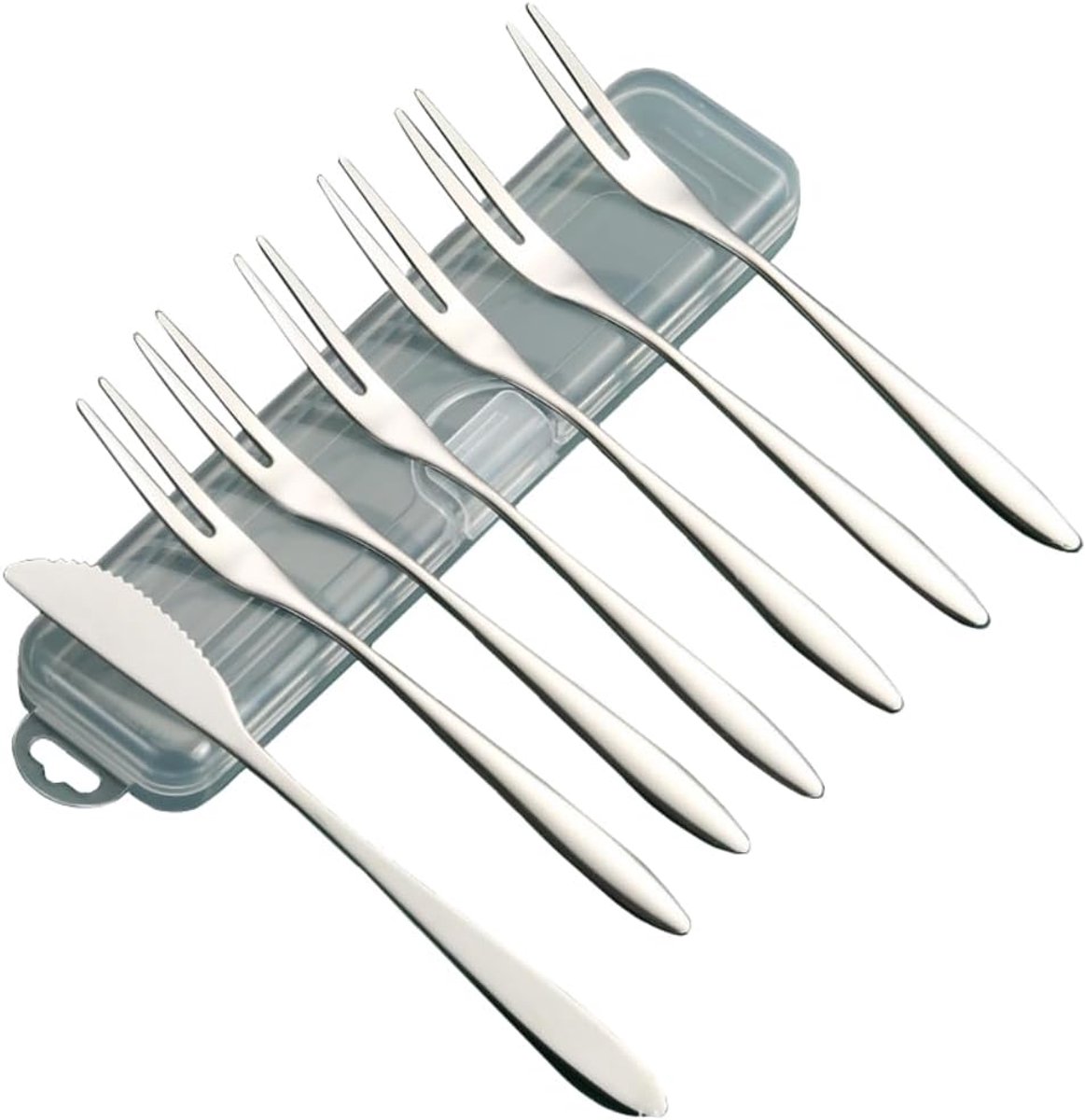 Dessertvorken, set met 6 taartvorken en 1 taartmes, theevorken van roestvrij staal, zilveren gebakvorken, 13 cm, kleine vorken voor cake, voorgerechten, fruit