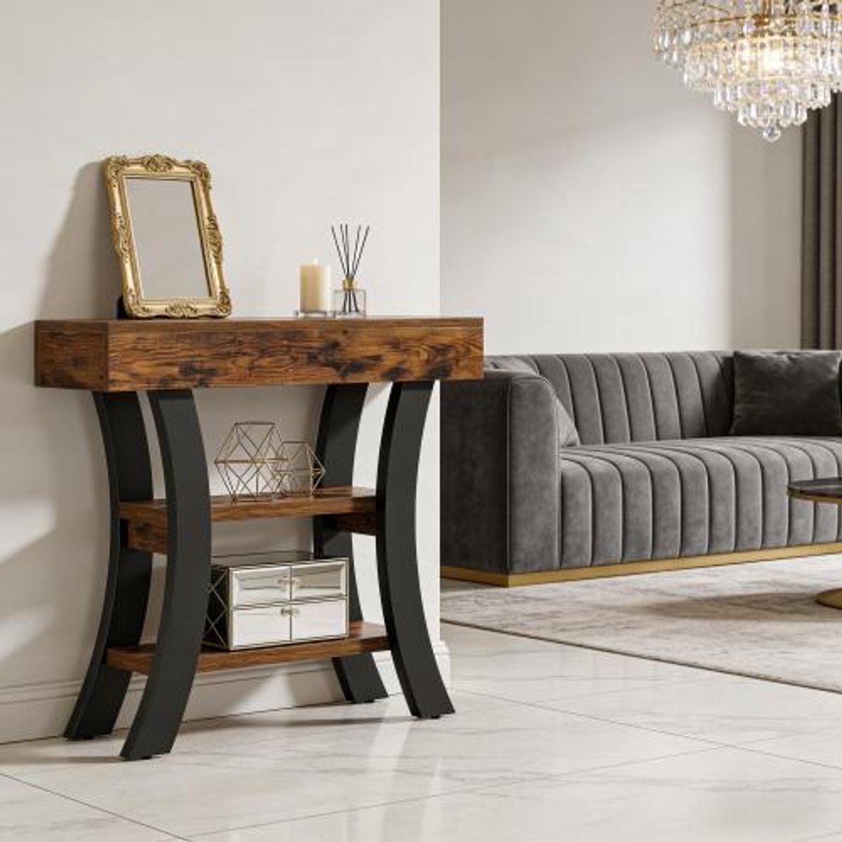 COVREO Sidetable 105 x 30 x 80 cm, zwart en rustiek bruin, MDF en metaal