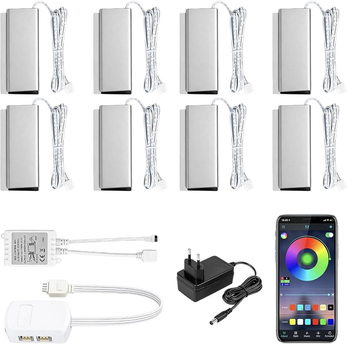 Omgoods - Set van 8 RGB LED Glasrandverlichting - Inclusief 12V Voeding en App Besturing