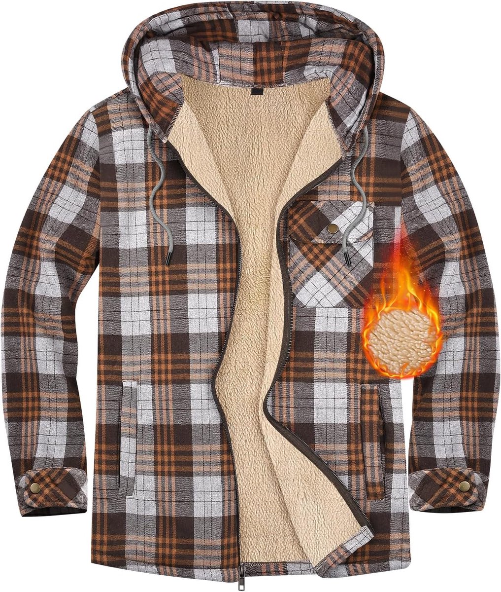 Flanellen overhemd voor heren, lange mouwen, geruit, casual ritssluiting, capuchonjas, fleecevoering, warme jas, gevoerd overhemd met zakken voor de winter in de herfst