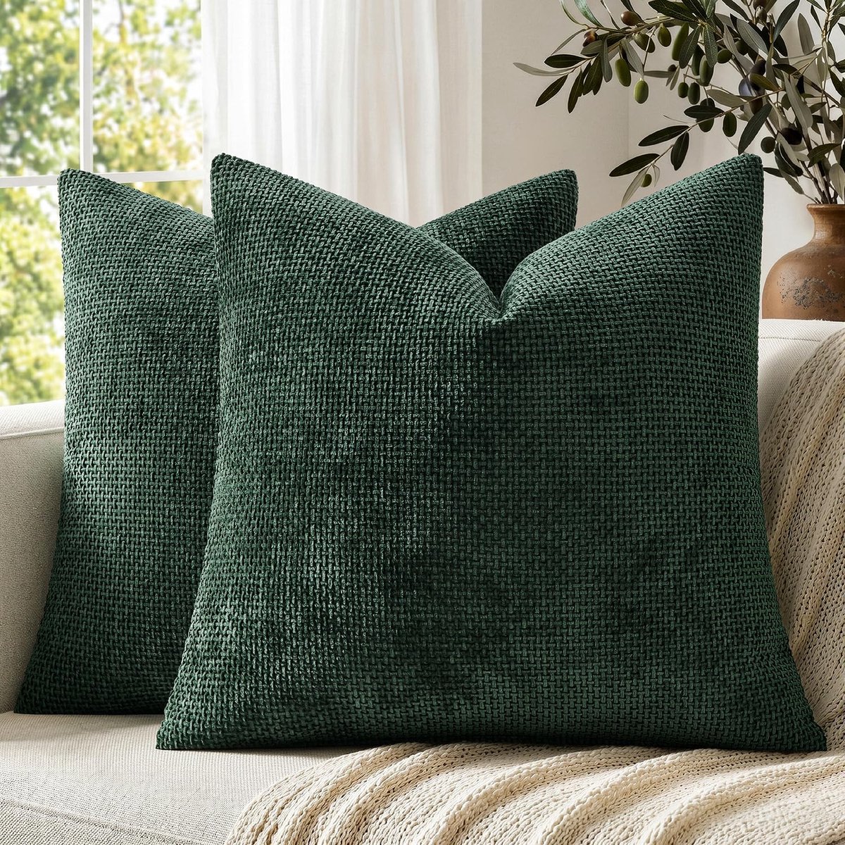 Omgoods - Kussenhoezen Set van 2 - 50 x 50 cm - Donkergroen Chenille voor Bank en Bed