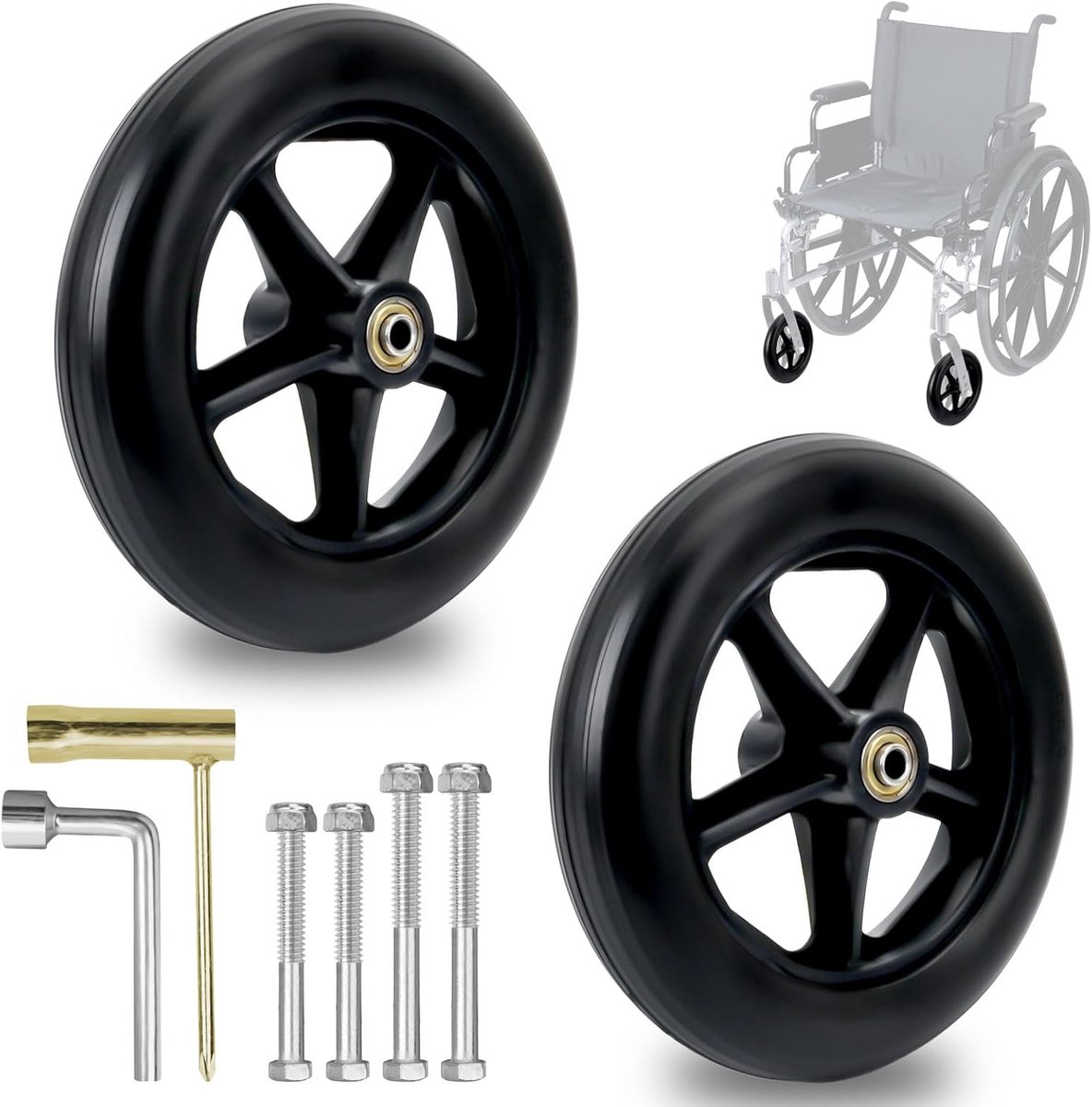 Wielen, 2 stuks, antislip en schokdemping, reservewiel voor rolstoelen, 8 mm lagerbinnendiameter voor rolstoelen, rollatoren, loophulpen, wielset