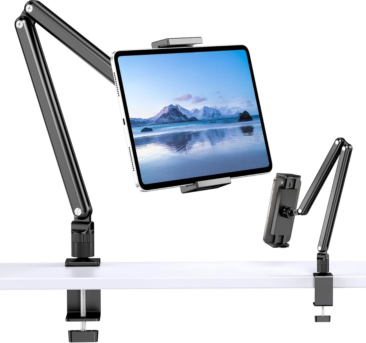 aluminium iPad-bureaumontagebeugel, tabletarmhouder met 360° draaibare metalen basis, geschikt voor iPad Air Pro Mini, telefoons, Samsung Galaxy, Kindle, alle apparaten van 11,9-33 cm