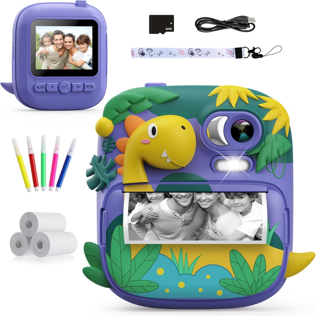 Camera Instant Print, CAMCLID 2.4 Inch Scherm Camera voor Kinderen Dinosaurus Kinderen Camera met 32GB Kaart, Kerstmis Verjaardagscadeau Speelgoed voor Jongens Meisjes 3-12 Leeftijd (Paars)