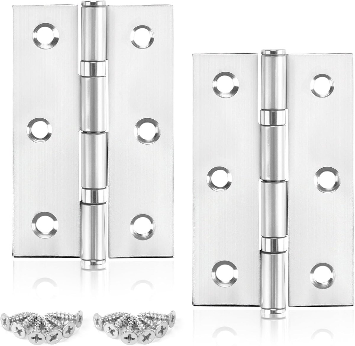 2 stuks scharnieren zilver, 75 x 46,8 x 1,2 mm deurscharnieren voor houten deuren scharnieren inklapbaar voor binnen- en buitendeuren met 24 schroeven 5 x 12 mm, roestvrij stalen scharnieren