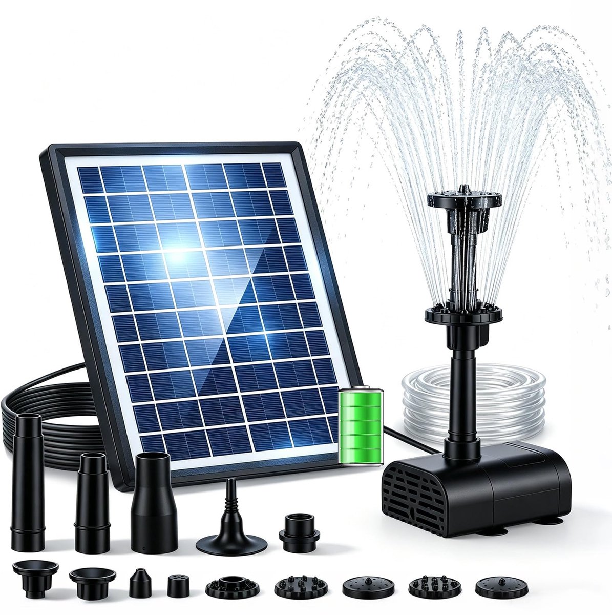 Omgoods - 8W Solar Fountain met 3600 mAh Batterij en 8 Spuitmonden