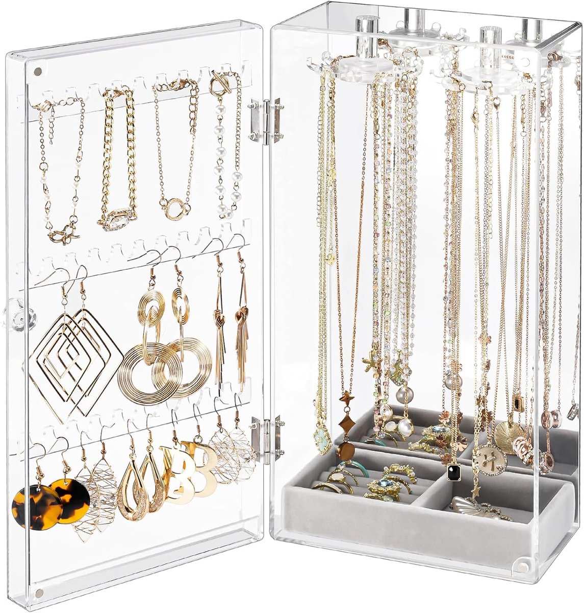 Acryl oorbelhouder, transparante sieradenorganizer, sieradenstandaard, box, stofdicht voor oorbellen, displaybox, transparante sieradenopslag, standaard met fluwelen dienblad, helder