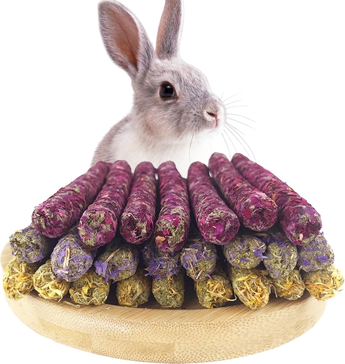hooi kauwstokjes voor konijnen en kleine dieren, 150 g, 3 natuurlijke smaken roze, goudsbloem & myosotis, kauwspeelgoed van gecomprimeerd hooi voor cavia's en hamsters