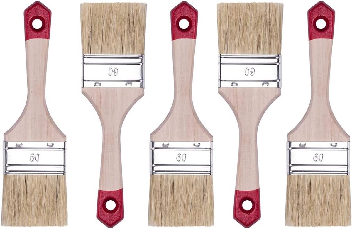 Platte kwasten van 60 mm, serie 40, met natuurlijke lichte haren en kunstvezels. Schilderskwasten met houten handvat, lakkwasten voor diverse verfsoorten