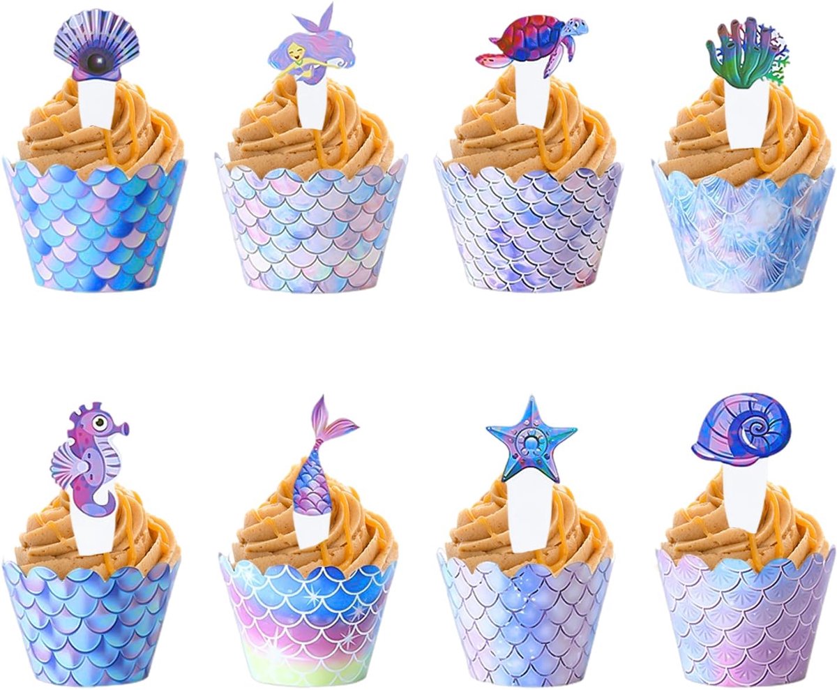 96 stuks dessertdecoraties, feestdecoraties met het thema zeebodem, cupcake-verpakkingsaccessoires, zeemeermin-taartopzetstukken, geschikt voor verjaardagen en jubilea