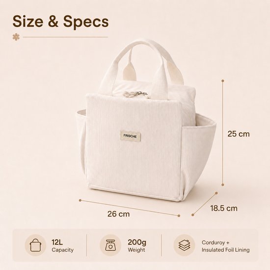 Rainbecom - Koeltassen - Lunchtas Koeltas 12L - Geïsoleerde Lunchbag van Corduroy met 2 Zijvakken - Voor Werk, Picknick, Reizen en Dagelijks Gebruik - 26 x 18,5 x 25 cm - Effen Crème van Rainbecom — afbeelding 2