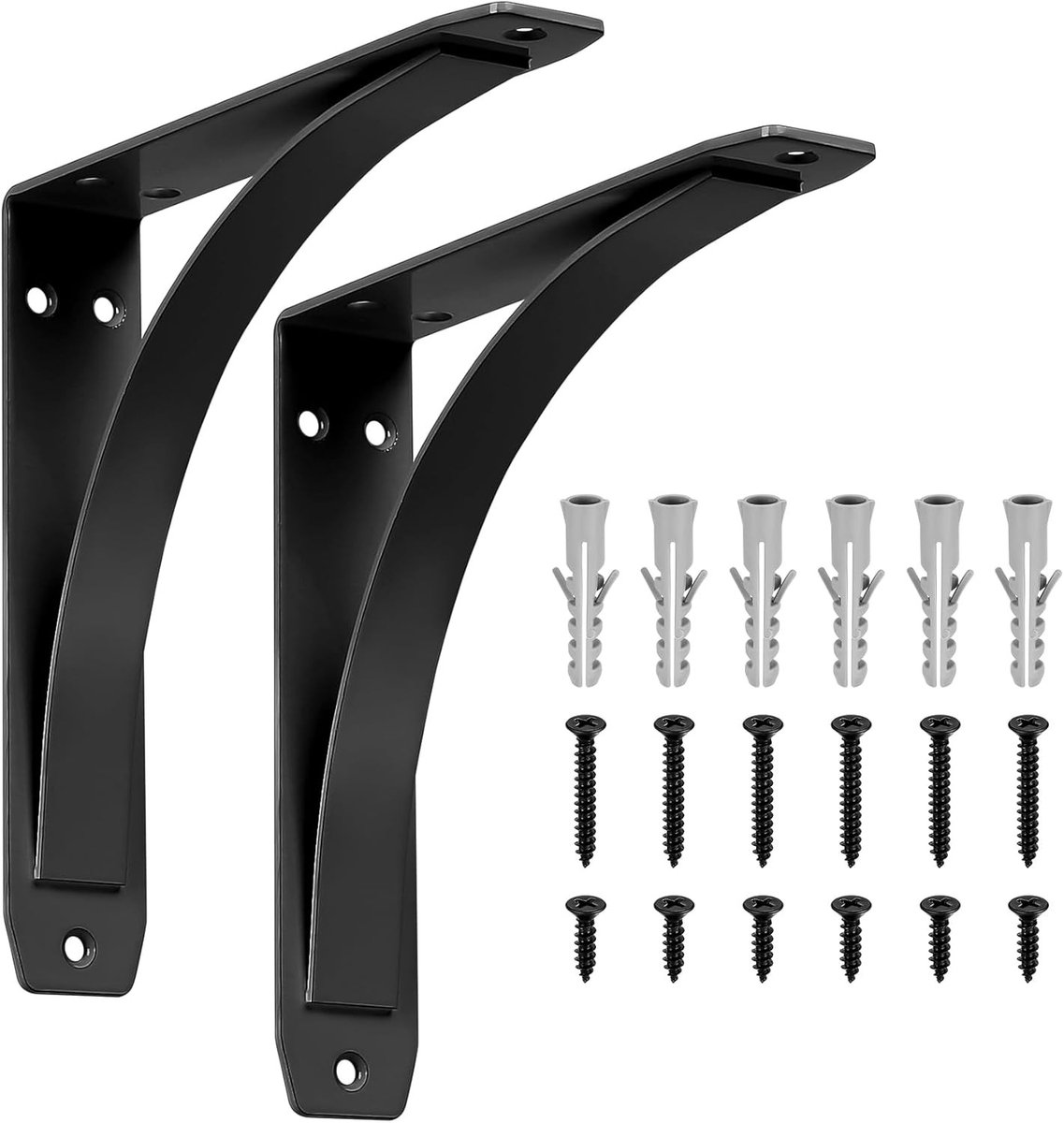 Set van 2 Zwarte Stevige Wandbeugels voor Drijvende Planken - Decoratieve Metalen Driehoekige Beugels voor Plankondersteuning en Interieurdecoratie (20cm, Boogstijl)