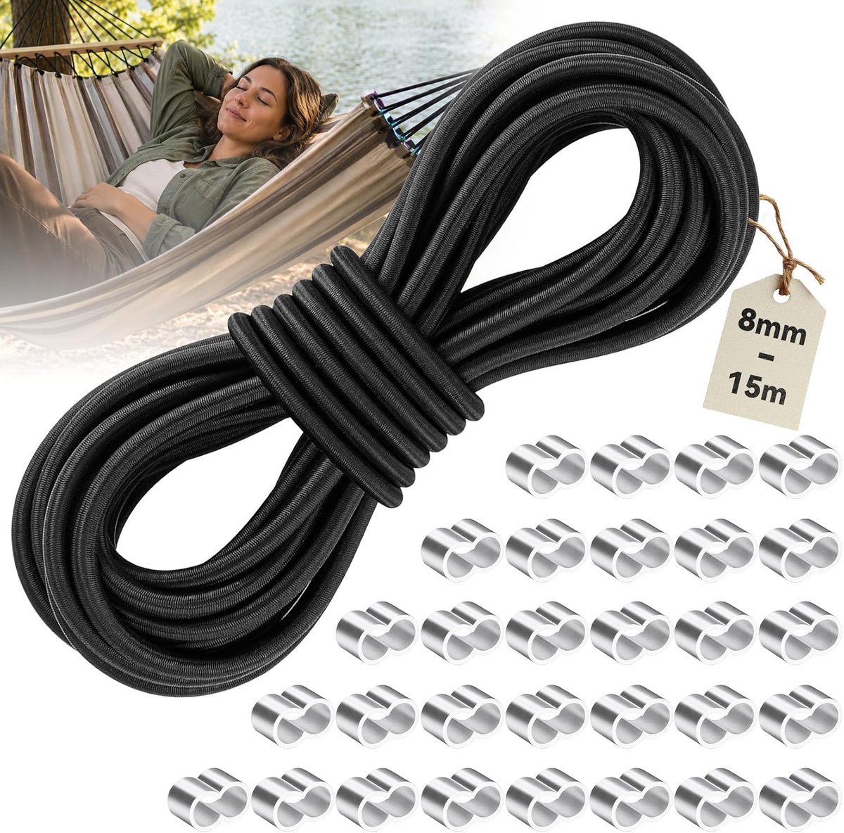 touw, 15 m, expandertouw 6 mm met 30 wurgklemmen, elastisch rubberen koord, zwart, rubberen band, spantouw voor aanhangerzeil, camping, tuin, outdoor, 8 mm - 15 m