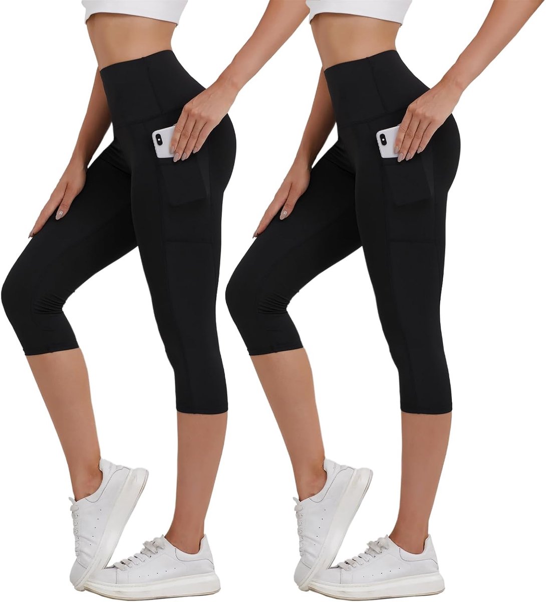 Capri Legging Dames High Waist 3/4 Sportlegging met Zakken Opaque Korte Sportbroek Elastische Legging Zwart 7/8 Broek Zomer voor Yoga Gym Fitness