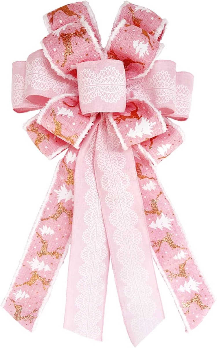 Kerstboom Topper Bogen, Grote Handgemaakte Strik Xmas Decoratie | 21,3 x 11,1 inch roze strik met kerstboom en rendier ontwerp, voor bruiloft, verjaardag, Nieuwjaar, feestdecoratie