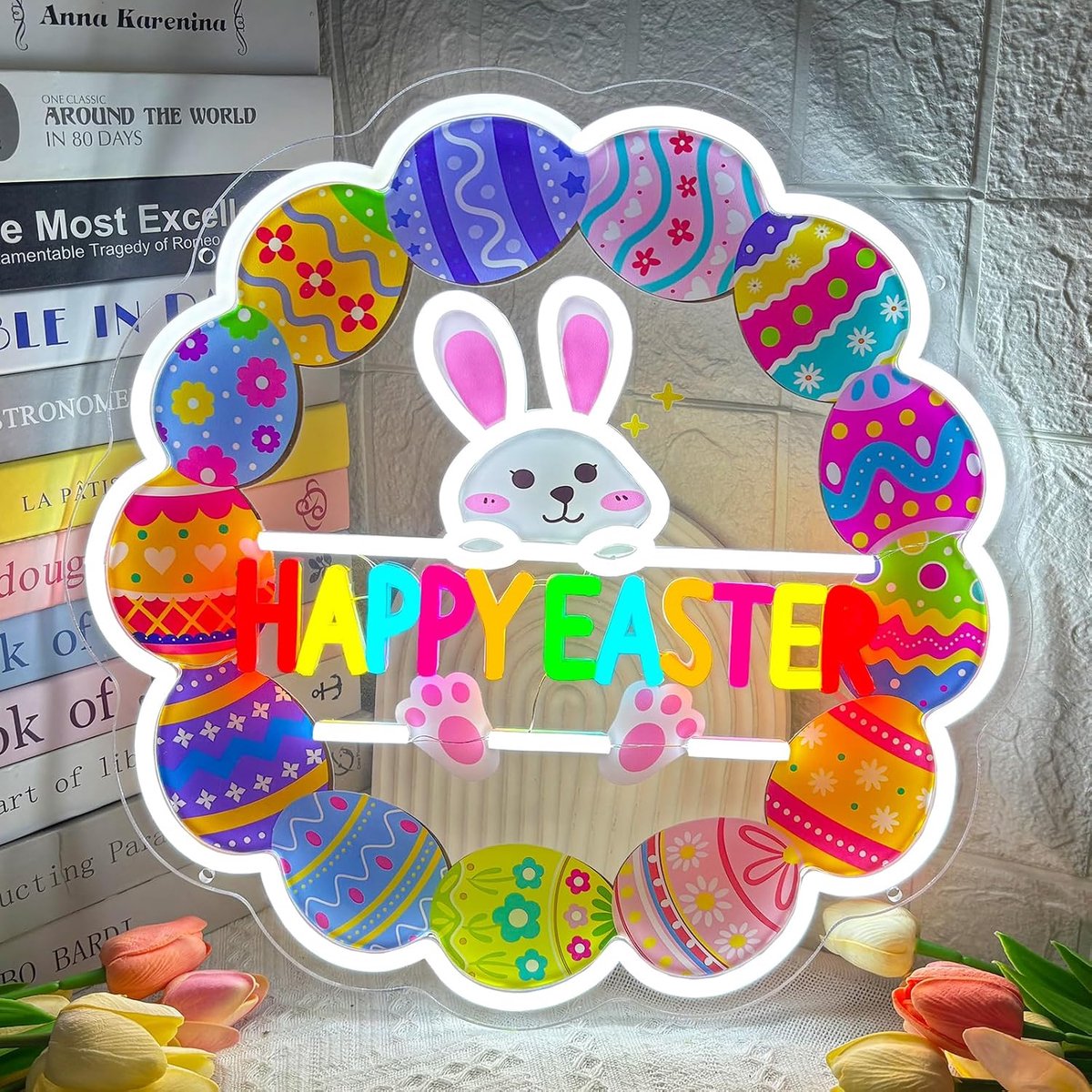 neonlichtbord, dimbaar USB-aangedreven Happy Easter Bunny LED-neonverlichting voor slaapkamer, feestwanddecoratie, paasdecoraties binnen, paasgeschenken voor kinderen (stijl B)
