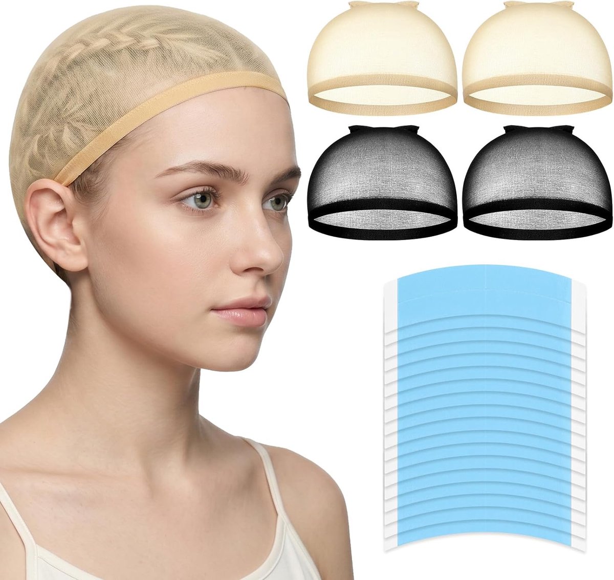36 stuks dubbelzijdige pruiktape met 4 pruikkapjes, ultrasterke haarverlengingstape, haarverlengingstape voor lace pruiken, haarstukken, haarsysteemtape (set A)