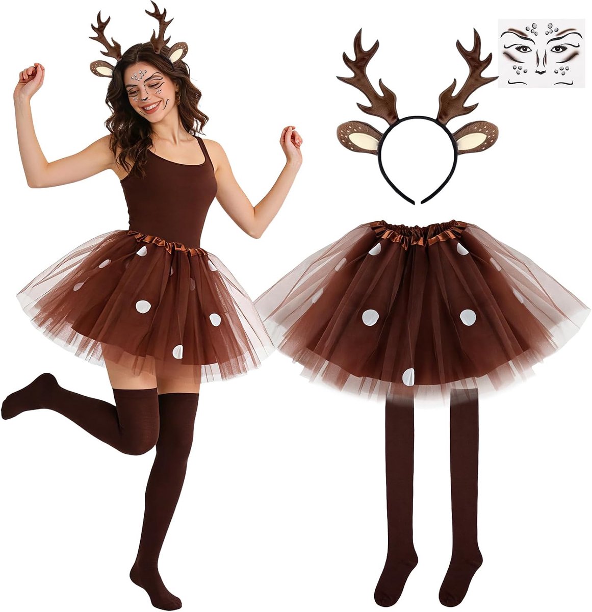 Herenkostuum voor dames, rendierkostuum voor volwassenen met rendiergewei, haarband, bruine tule rok, sokken gezichtstattoo, dierkostuum voor carnaval, themafeest, Halloween, Kerstmis, cosplay