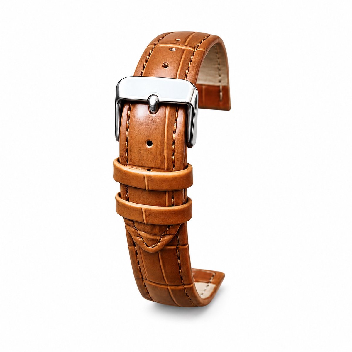 Horlogeband-Horlogebandje-12mm-Bruin-Echt leder-Gevuld-leer-Plat-Zacht-Soepel-Croco Print-Gestikt-Stalen Gesp-12 mm