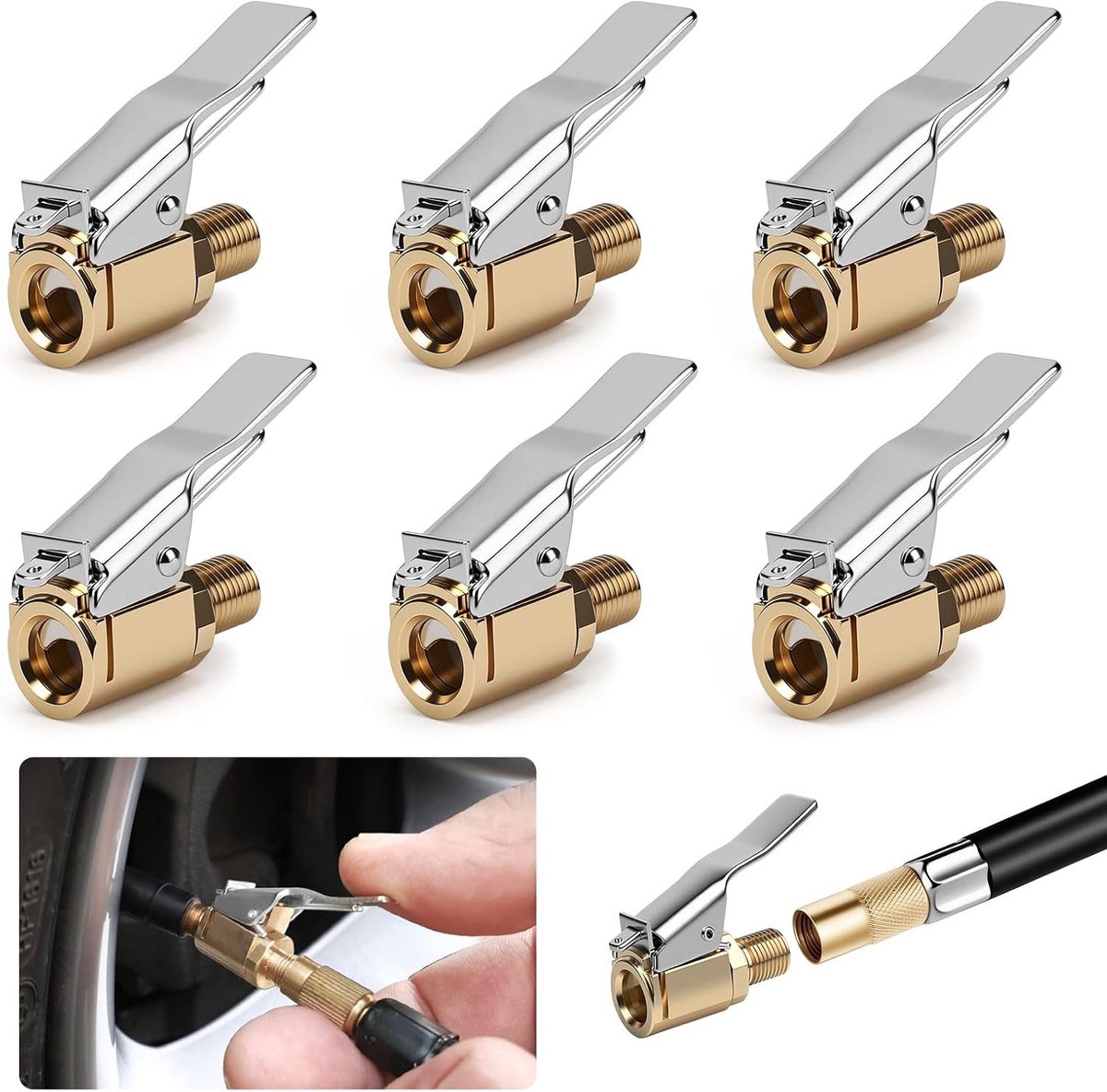 Set van 6 messing bandenvuladapters, 8 mm bandslangadapter met gereedschapsloze hefboomklem voor auto, fiets, motorfiets, vrachtwagen