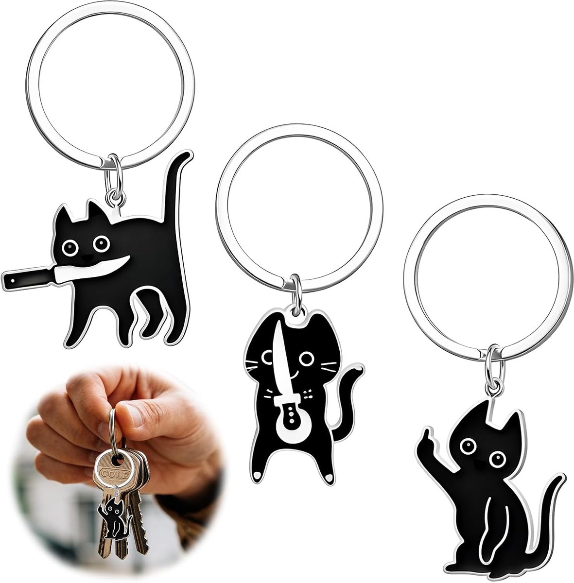 Set van 3 grappige kattensleutelhangers zwart, sleutelhanger kat, grappige kat sleutelhanger voor kattenliefhebbers, cartoon kitty, schattige sleutelhanger