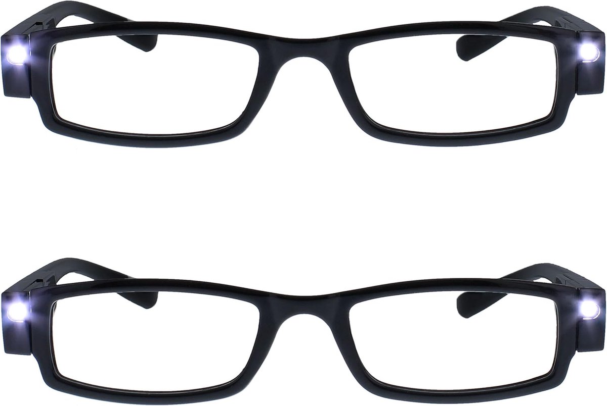 Reading Glasses Bedrijf 2 Pack Verlichte LED Night Time Light Readers Mens Womens Zwart LL1-1 +1.00