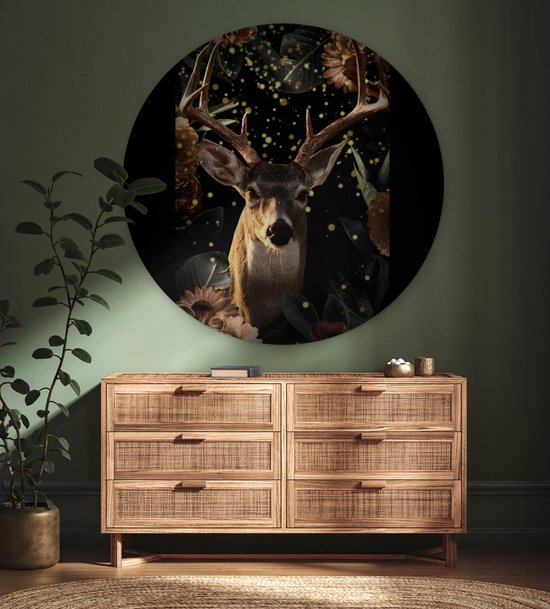 WallCircle - Wall Circle - Wall Circle Indoor - Cerf - Animaux - Lumière - Fleurs - 140x140 cm - Décoration murale - Peintures Ronds